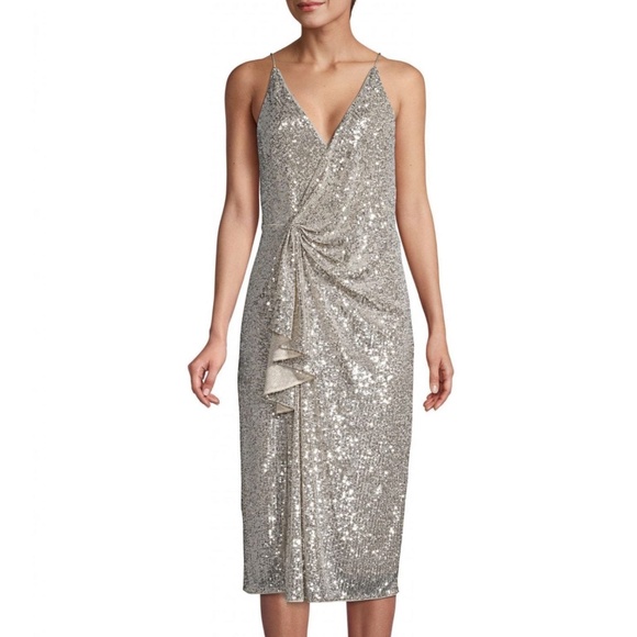 Aidan Mattox Silver Sequin Midi Dress - Picture 1 of 7